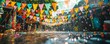 Heart of Songkran festival colorful pennant flags aloft