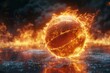 Captivating scene of a basketball caught in a fiery explosion, set against the cooling backdrop of a reflective water surface