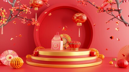 Wall Mural - Spring Festival backdrop with a round podium, a drum, a paper fan screen, and a lucky bag with Chinese blessing written on it.