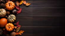 Classic Autumn Composition With Pumpkins And Leaves On Wood