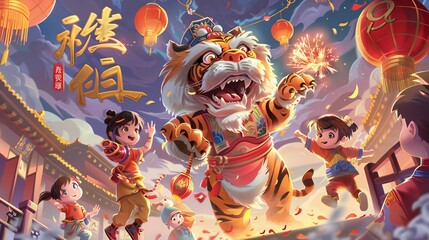 Wall Mural - On the upper left is a Chinese greeting that wishes you a very auspicious and prosperous New Year. A tiger with fireworks on his back is celebrating with kids playing lanterns and dancing the lion