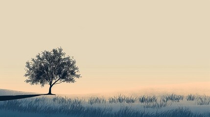 Wall Mural - Clean and minimalist illustration of a solitary tree in a field