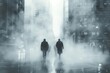 Disoriented businessmen navigate a dense fog in a grayscale cityscape, symbolizing the uncertainty of the financial world.