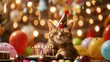 A happy cat decorated with a festive hat celebrates her birthday in front of a cake with bright candles on a background of balloons and garlands