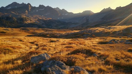 Sticker - As the sun sets behind the rugged peaks, the autumn mountain pasture is bathed in a golden glow, casting long shadows that dance upon the undulating landscape.