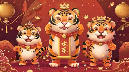 Wall Mural - Tiger showing a scroll with Chinese text wishing you good fortune in the Year of Tiger for 2022. Translation on the left: Tigers sending auspiciousness to you in the coming year for 2022.
