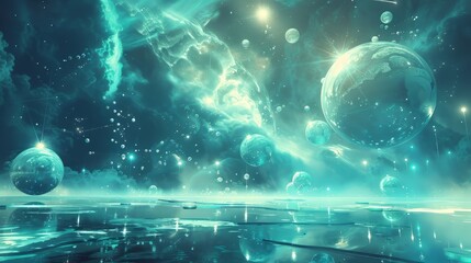 Wall Mural - Ethereal 3D scene with glowing orbs and celestial bodies