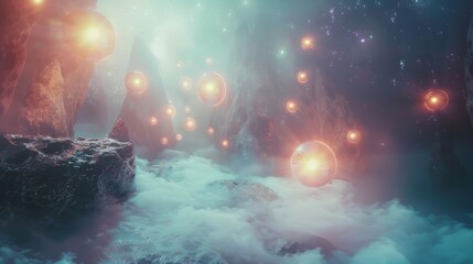 Wall Mural - Ethereal 3D scene with glowing orbs and mystical elements