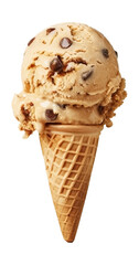 Poster - Melting chocolate chip ice cream scoop in a waffle cone on a beige background