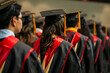 © Stock'd  - diverse students in graduation ceremony gowns at school or college with mortar board hat, back view, red trim