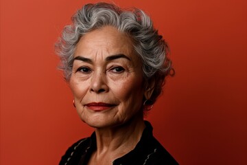 Sticker - Portrait of a beautiful senior woman with grey hair on a red background