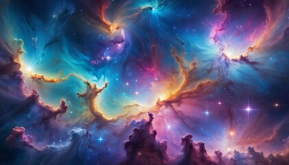 Wall Mural - A mesmerizing cosmic scene depicting the vibrant, swirling clouds of a nebula, sprinkled with stars and bursting with color.. AI Generation