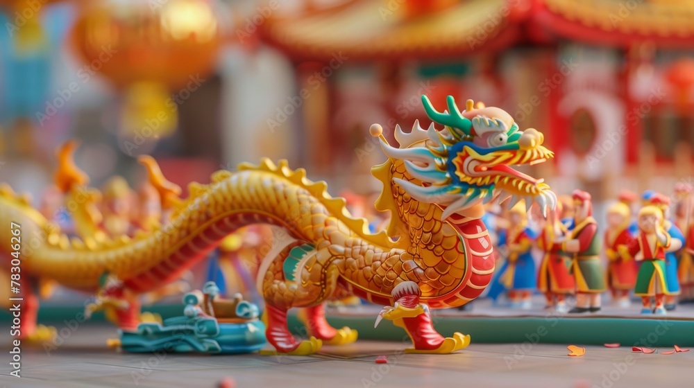 The dragon dance performance by miniature young men on temple market ...