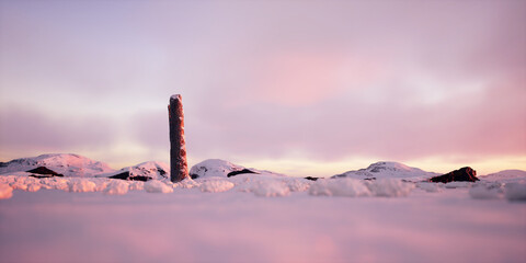 Wall Mural - Broken trunk of pine in hilly snow winter landscape at sunset.