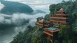 © Nuntapuk - Chinese temple and pavilion nestled amidst fog-covered mountains, embodying ancient Asian architecture and cultural heritage, a serene spot for tourists to explore