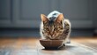 Close-up of a cat eating food in a sunlit kitchen, pet care concept, animal behavior with copy space