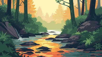 Wall Mural - Minimalist  illustration of a tranquil forest stream