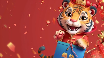 Wall Mural - Red envelope banner for the Chinese New Year of 2022. Illustration of a tiger in Caishen costume peeking out from a blue bag. Text on red envelope welcoming the God of Wealth.