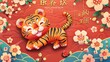 The banner of the 2017 Chinese New Year features a paper-cutting illustration of a chubby tiger hopping among blossom flowers. The text on the left reads, 