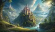 A breathtaking fantasy castle sits atop a majestic cliff surrounded by a serene river and verdant landscape in this captivating digital artwork.. AI Generation