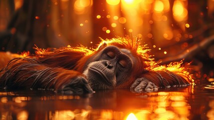 Wall Mural - Ape Lounging Serenely by Waterfall, Golden Hour Casting Warm Glow.