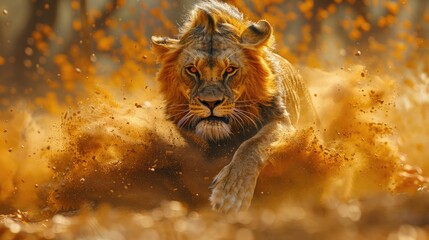 Wall Mural - Courageous Black-Maned Male Lion Charging Forward with Undeniable Bravery.