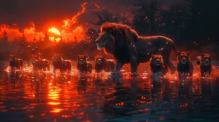 Wall Mural - Male Lion Strides Gracefully Across a River with His Cubs As the Sun Sets Behind Him.