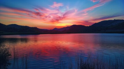 Wall Mural - sunset at coast of the lake. Nature landscape. Nature in northern Europe. reflection, blue sky and yellow sunlight.