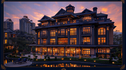 Wall Mural - Luxurious mansion at twilight with illuminated windows, featuring a serene pool and elegant outdoor seating, set against a backdrop of residential high-rises.