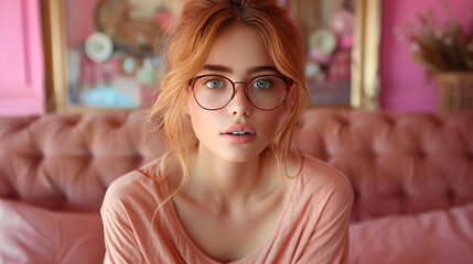 Sticker - Portrait of a young woman with glasses, featuring expressive blue eyes and blonde hair, posing in a pink room with a stylish interior.