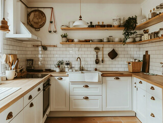 Wall Mural - Minimalist kitchen with sleek white cabinets, simple design, and Scandinavian-inspired decor. Bright and inviting space.