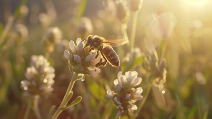 Wall Mural - In a symphony of scents and sights, a honey bee dances above a flower, a humble ambassador of the intricate web of life.