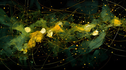 Digital green and yellow strings tangled together abstract graphic poster web page PPT background