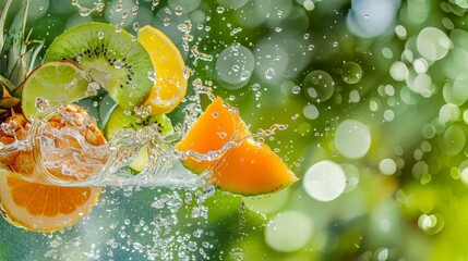 Vibrant tropical fruit floating in water, ideal organic dessert for juice and smoothie advertisement