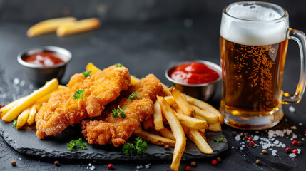 Product photo Wiener schnitzel with French fries and mug of cold beer, on slate plate, isolated on dark background. Traditional Austrian meal.