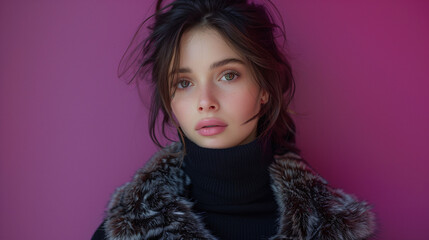 Poster - Portrait of a young woman with a captivating gaze, wearing a fur coat against a matching pink background, showcasing modern fashion and beauty.