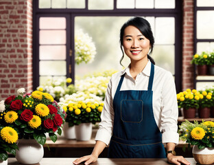 a woman standing behind a counter in a flower shop.