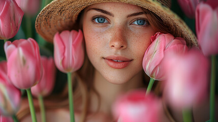 Poster - Young woman with blue eyes wearing a straw hat, peeking through pink tulips. Ideal for spring and beauty themes.