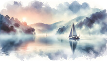 Sailboat On Misty Waters At Sunrise Watercolor Painting