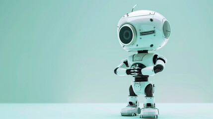 Wall Mural - A one-eyed robot stands holding its own hands in front of a white background. The robot wears headphones and has a serious expression.