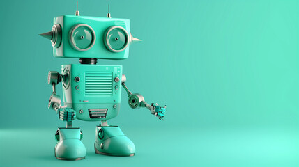 Wall Mural - A two-eyed green robot stands holding its own hands and open arms in front of a green background. The square-headed robot has a serious expression.