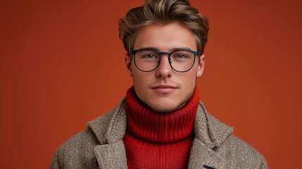 Wall Mural - Portrait of a stylish young man with glasses wearing a red turtleneck and a beige cardigan, posing against an orange background with a confident, approachable smile.