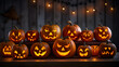 Festive Jack-o'-Lanterns on Wooden Backdrop for Halloween