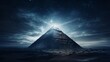 Majestic great pyramid on mountain summit, bathed in ethereal moonlight, casting a mystical glow
