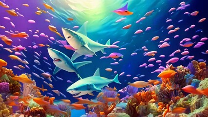 Wall Mural - Underwater scene with sharks and corals in bioluminescence, and a tropical island under the sea. AI-generated vertical.