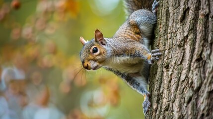 Poster - With agile movements, the grey squirrel balances on the slick tree trunk, its keen sense of smell leading it to a cache of stored acorns hidden nearby.