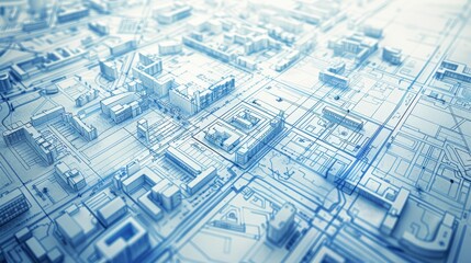 urban planning blueprint detailed layout of city zones, transportation routes, and green spaces