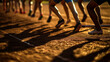 A relay team practices passing the baton, their coordination highlighted by the late afternoon sun. The interaction between the runners is cast in relief by the soft shadows, symbo