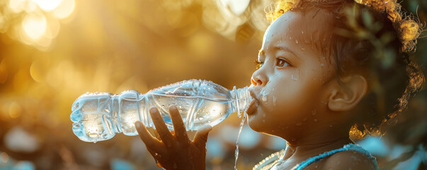 African ethnicity cute little girl standing outdoors and drinking water from the bottle. Concept of helping and charity.