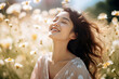 A woman enjoys a beautiful moment in life. Background with selective focus and copy space